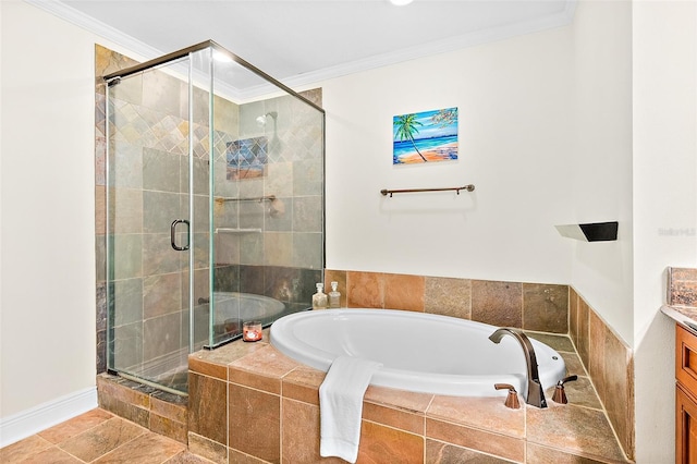 bathroom featuring vanity, crown molding, and independent shower and bath