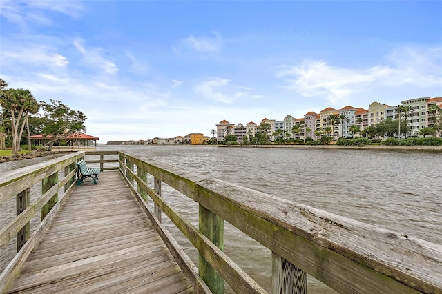 dock area featuring a gazebo and a water view