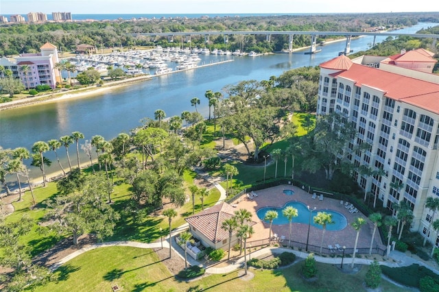 aerial view featuring a water view