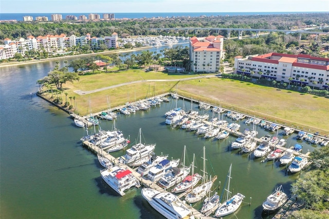 drone / aerial view featuring a water view