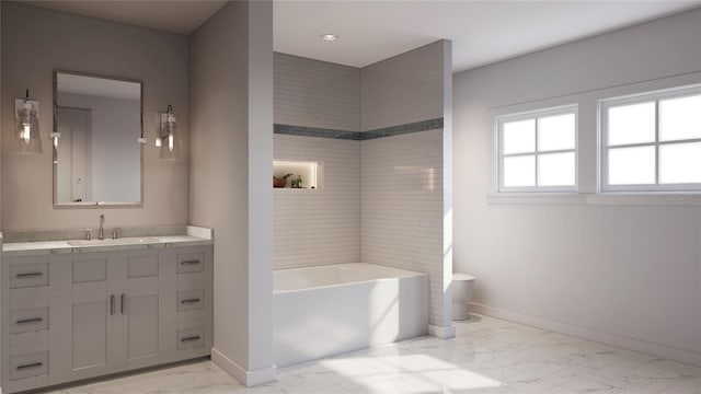 bathroom featuring toilet, tile floors, and vanity