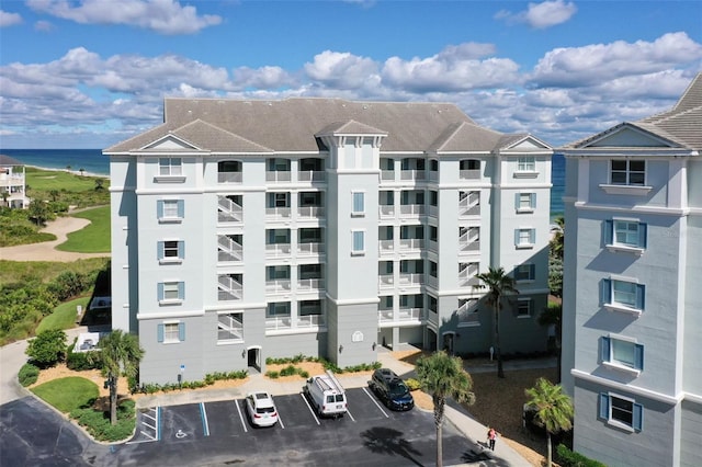 view of building exterior featuring a water view