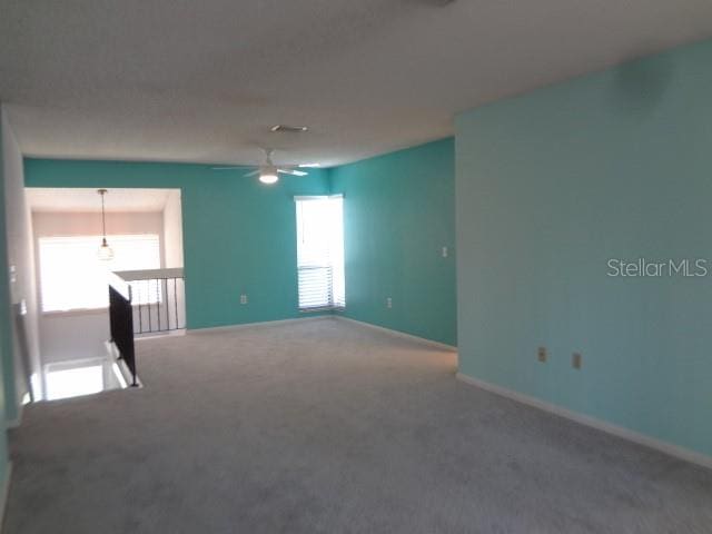 carpeted spare room with ceiling fan and a wealth of natural light