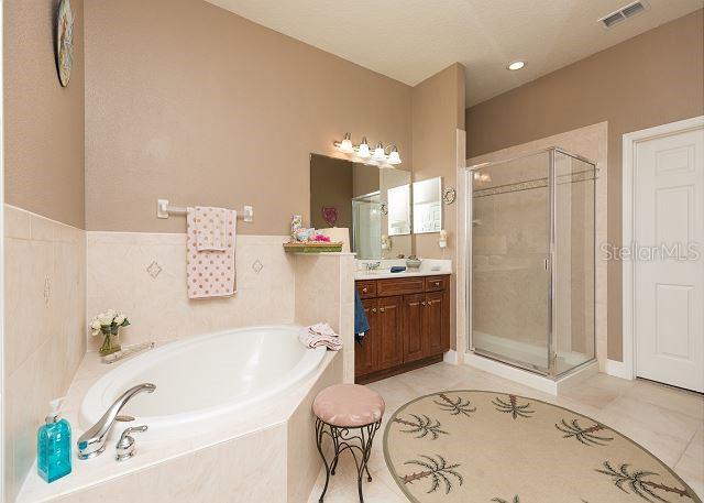 bathroom with tile floors, vanity, and plus walk in shower