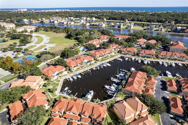 aerial view featuring a water view