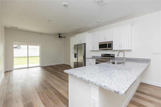 kitchen featuring stainless steel appliances, white cabinets, kitchen peninsula, sink, and light wood-type flooring