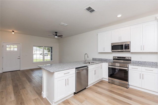 kitchen with white cabinets, kitchen peninsula, appliances with stainless steel finishes, and sink