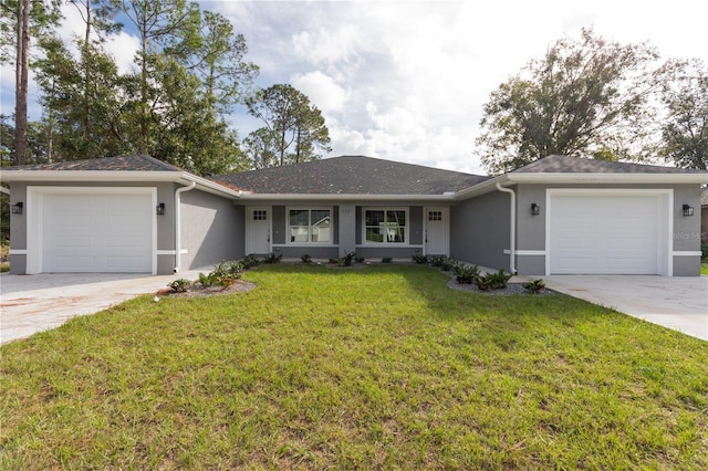 ranch-style home with a front lawn and a garage