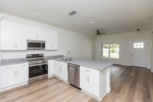 kitchen with white cabinetry, kitchen peninsula, sink, and stainless steel appliances