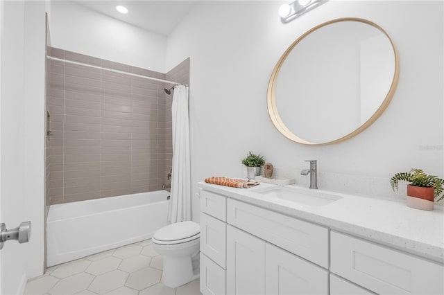 full bathroom with tile patterned flooring, vanity, toilet, and shower / bath combination with curtain