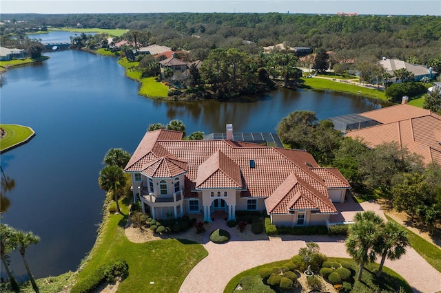 drone / aerial view with a water view