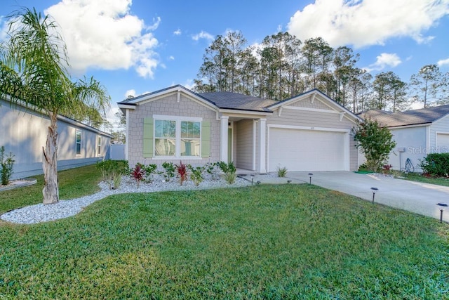 ranch-style home with a front lawn and a garage