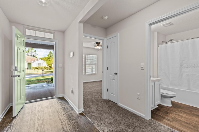 interior space with plenty of natural light, dark hardwood / wood-style floors, and ceiling fan