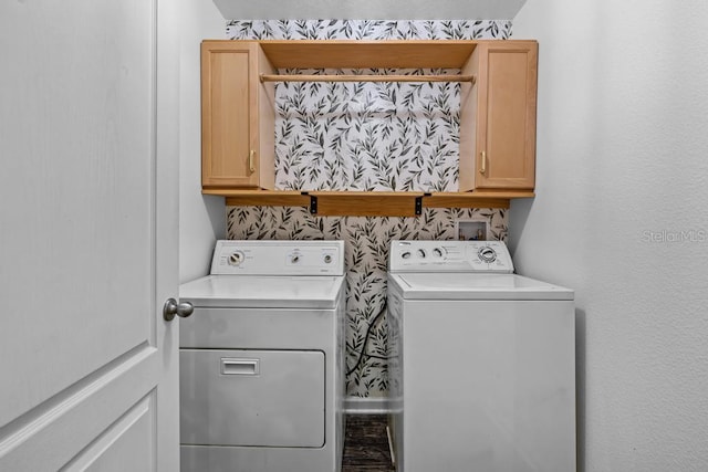 laundry area featuring washer hookup, washing machine and dryer, and cabinets