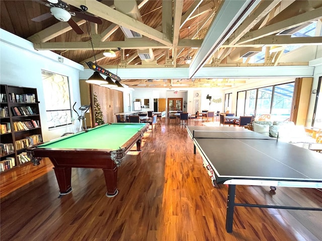 playroom featuring beam ceiling, ceiling fan, wood finished floors, high vaulted ceiling, and billiards