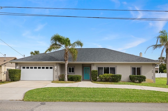 single story home with a front lawn and a garage