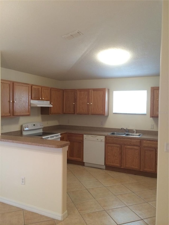 kitchen with white appliances, kitchen peninsula, sink, and light tile floors