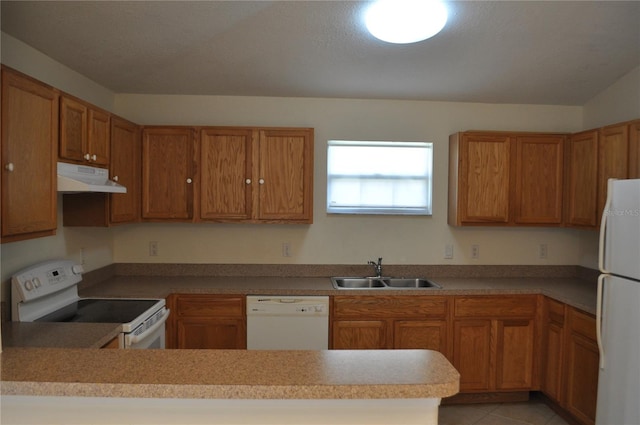 kitchen with light tile floors, white appliances, kitchen peninsula, and sink