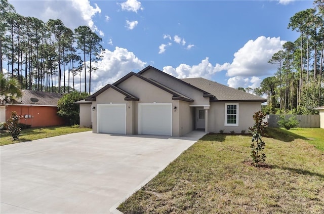 ranch-style home with a front yard and a garage