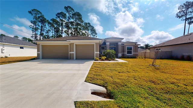 view of front of house with an attached garage, fence, driveway, stucco siding, and a front yard