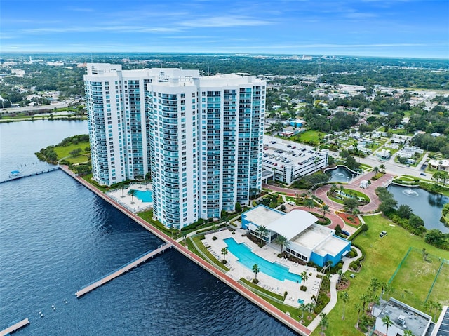 aerial view featuring a water view