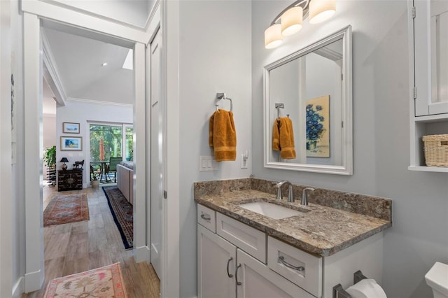 bathroom featuring hardwood / wood-style floors, ornamental molding, toilet, and vanity with extensive cabinet space