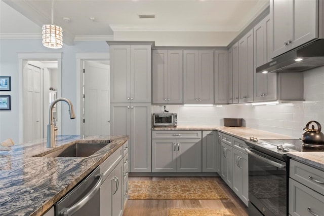 kitchen with stainless steel dishwasher, light stone countertops, black range with electric stovetop, light hardwood / wood-style flooring, and backsplash