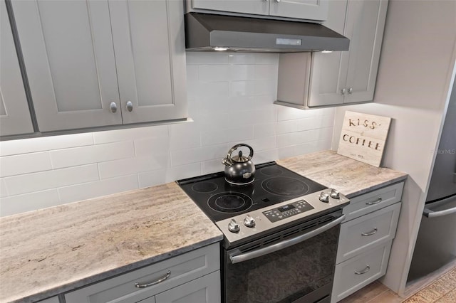 kitchen featuring gray cabinetry, tasteful backsplash, electric range, and wall chimney range hood