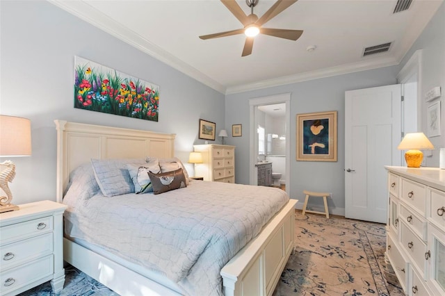 bedroom featuring connected bathroom, ceiling fan, and ornamental molding