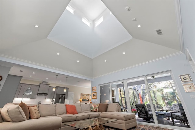 living room featuring high vaulted ceiling and crown molding