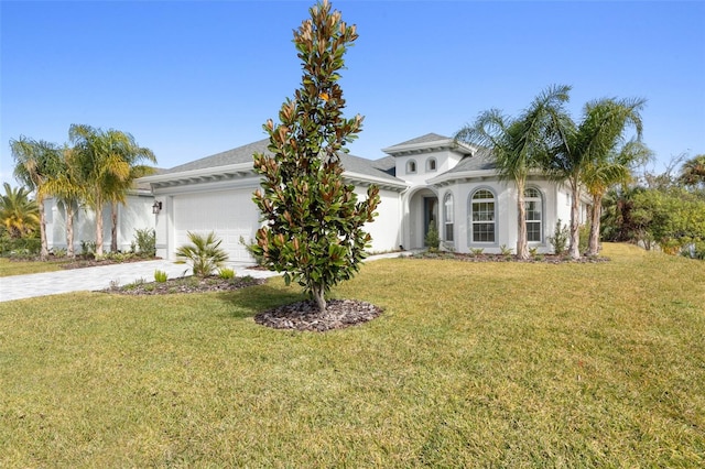 view of front of house with a front lawn and a garage