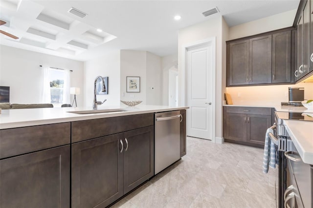 kitchen with coffered ceiling, light tile floors, beam ceiling, ceiling fan, and appliances with stainless steel finishes