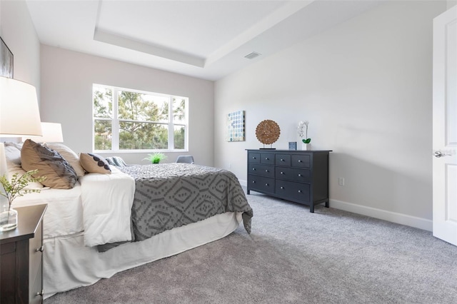 carpeted bedroom with a raised ceiling