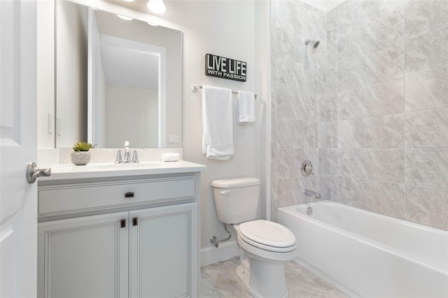 full bathroom with tiled shower / bath combo, tile floors, oversized vanity, and toilet