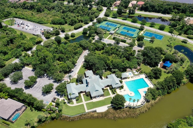 aerial view featuring a water view