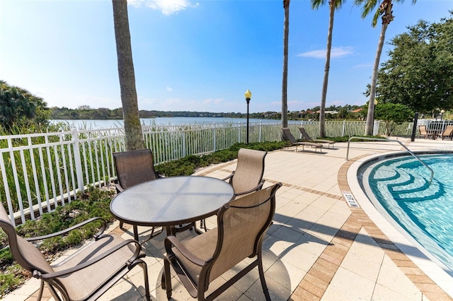 view of patio / terrace with a water view and a fenced in pool