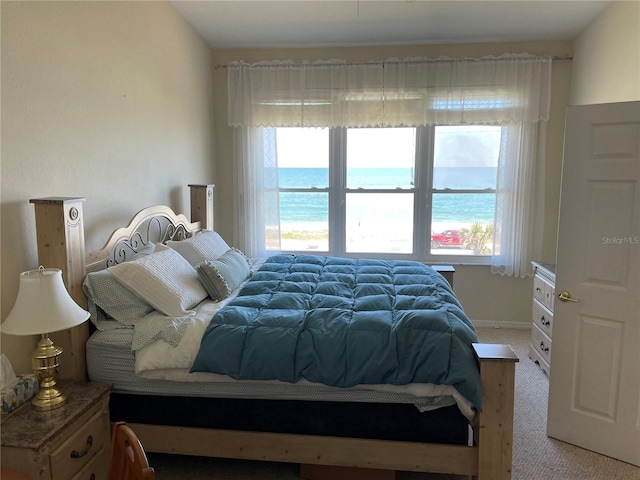 carpeted bedroom with a water view