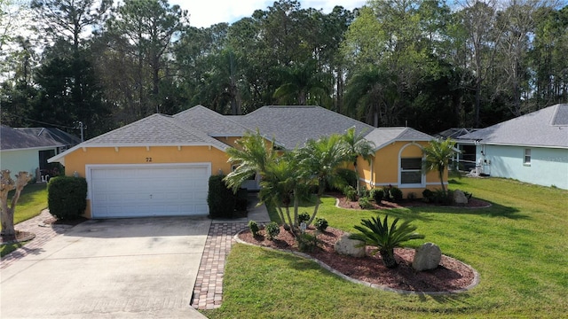 single story home with a front lawn and a garage