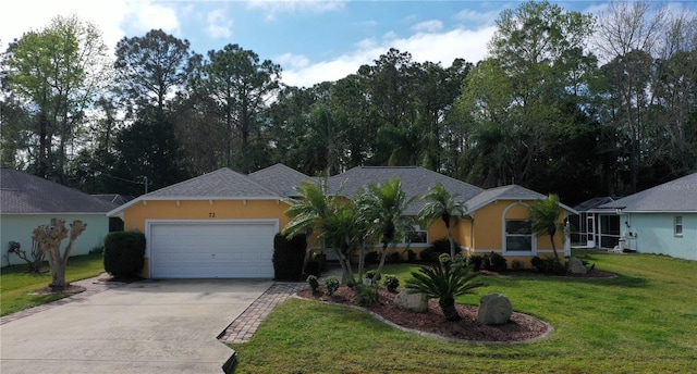 ranch-style home with a front lawn and a garage