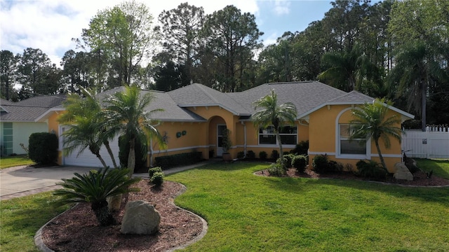 ranch-style house featuring a front yard and a garage