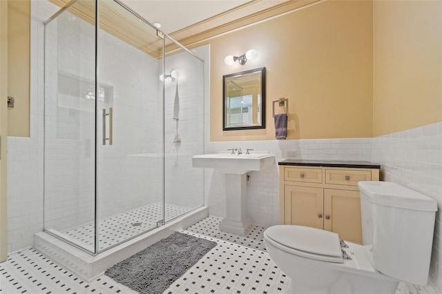 bathroom with walk in shower, tile walls, and toilet