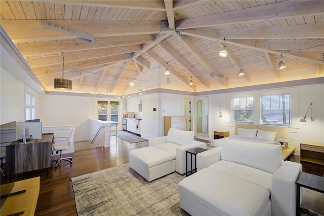 bedroom featuring lofted ceiling with beams, hardwood / wood-style floors, and wooden ceiling