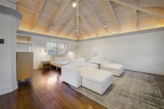 interior space with high vaulted ceiling, beamed ceiling, wood ceiling, and dark hardwood / wood-style floors