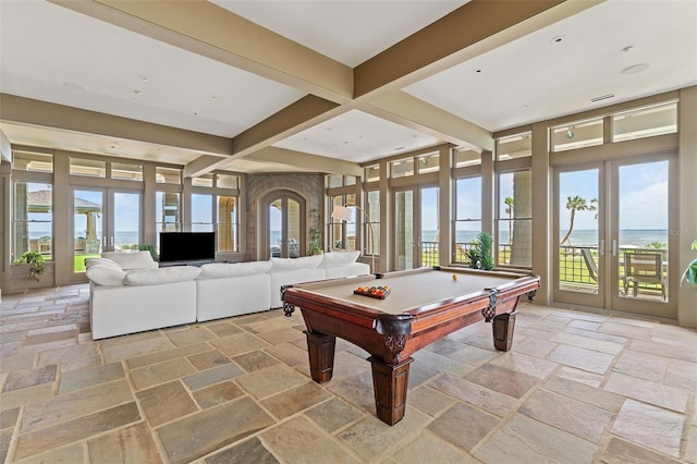 playroom with beamed ceiling, coffered ceiling, and billiards