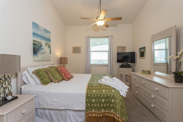 bedroom with ceiling fan and carpet