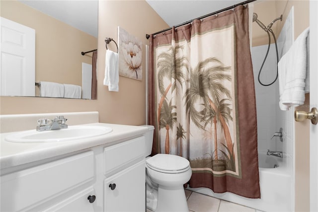 full bathroom with tile patterned flooring, vanity, toilet, and shower / bath combo with shower curtain