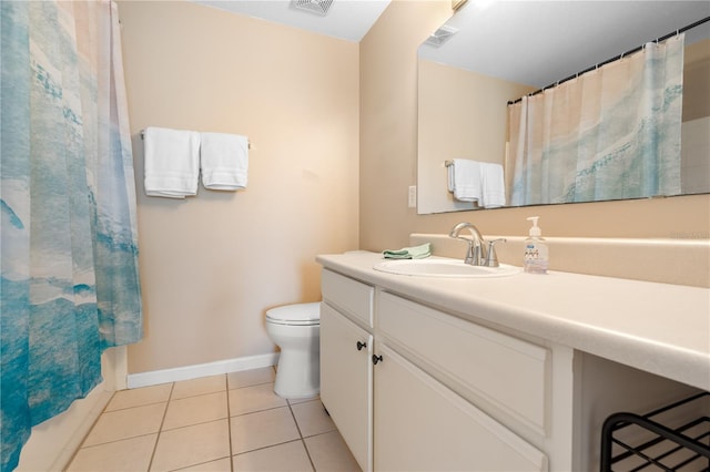 full bathroom featuring tile patterned flooring, vanity, toilet, and shower / bathtub combination with curtain