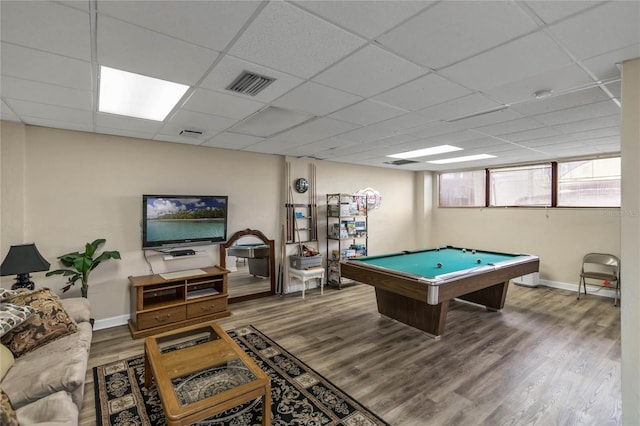 playroom with hardwood / wood-style flooring, a drop ceiling, and billiards