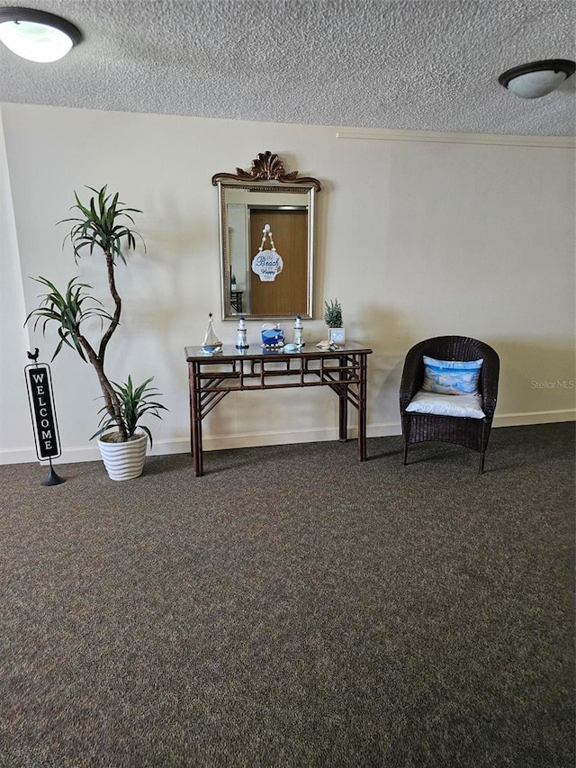 corridor with a textured ceiling and dark colored carpet