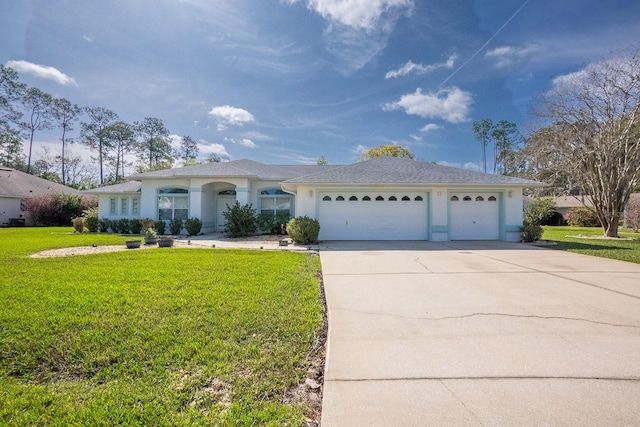 ranch-style house with a garage and a front lawn